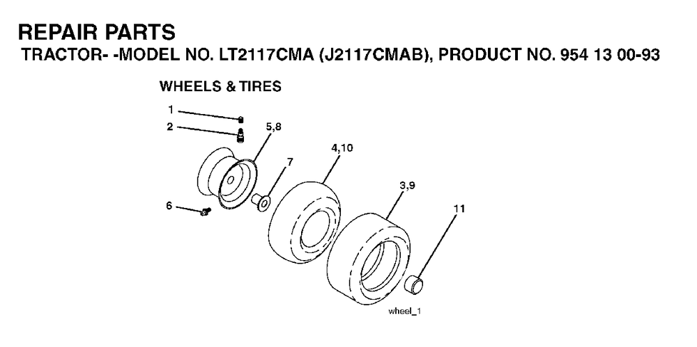 Wheels Tires Diagram and Parts List for LT2117CMA (954130093)(2003-05) Jonsered Lawn Tractor