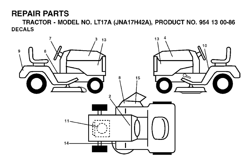 Decals Diagram and Parts List for LT17A (954130086)(2003-01) Jonsered Lawn Tractor