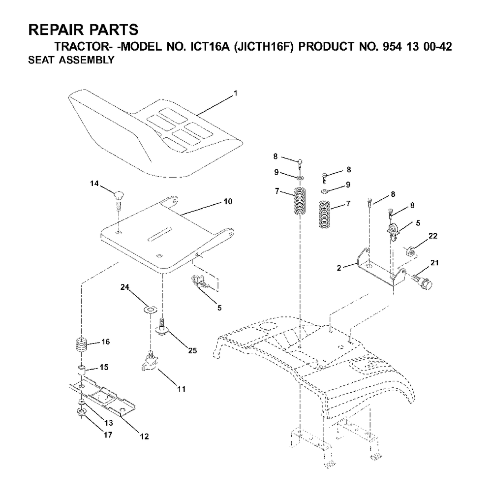 Seat Diagram and Parts List for ICT16A (954130042-F)(2001-02) Jonsered Lawn Tractor