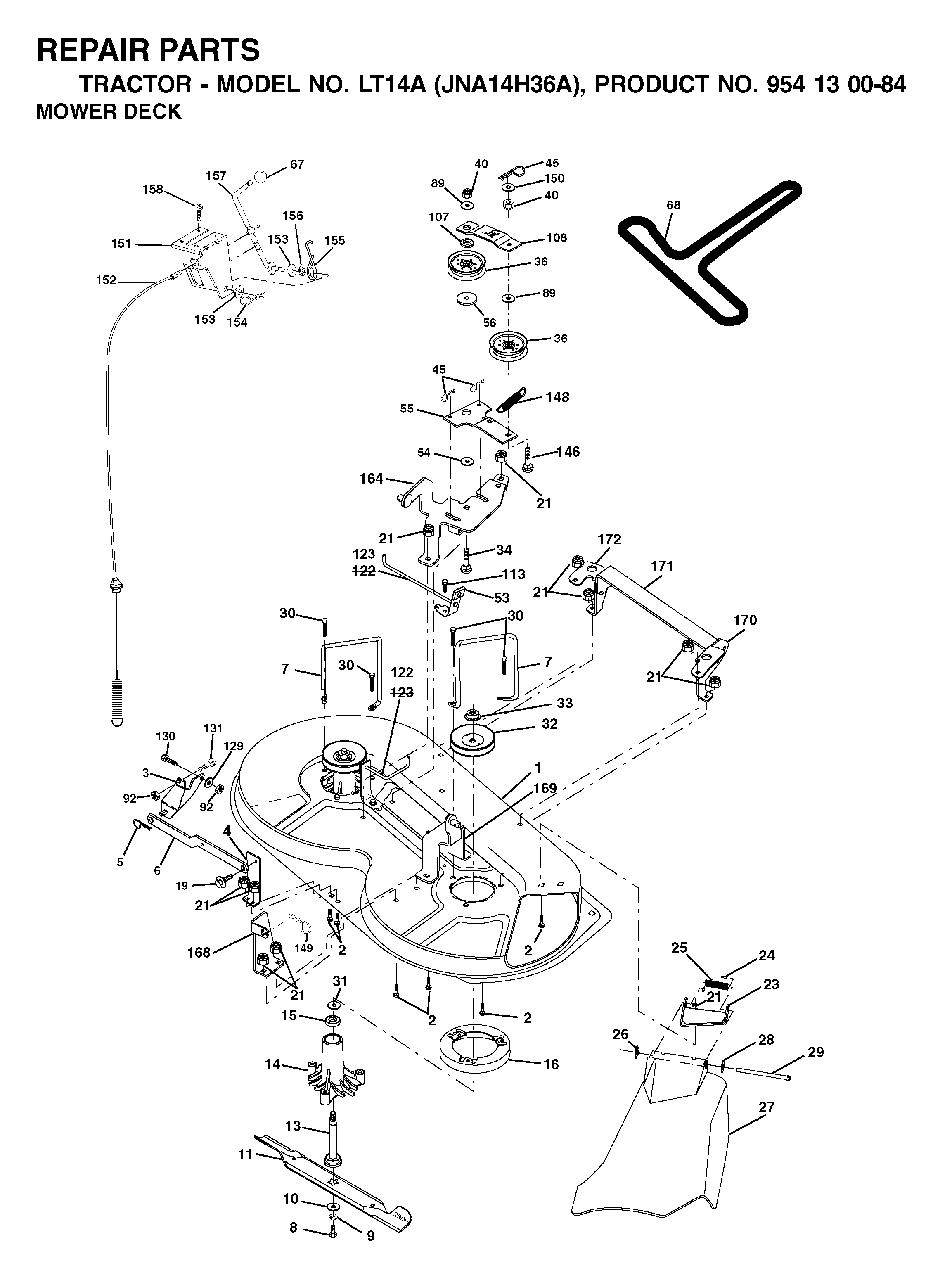 Mower Deck / Cutting Deck Diagram and Parts List for LT14A (954130084)(2003-01) Jonsered Lawn Tractor