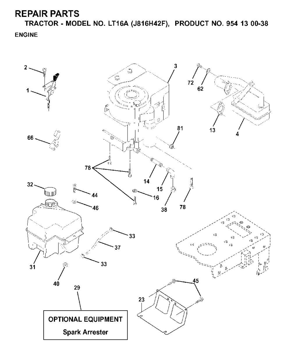 Engine Cutting Equipment Diagram and Parts List for LT16A (954130038)(2000-03) Jonsered Lawn Tractor
