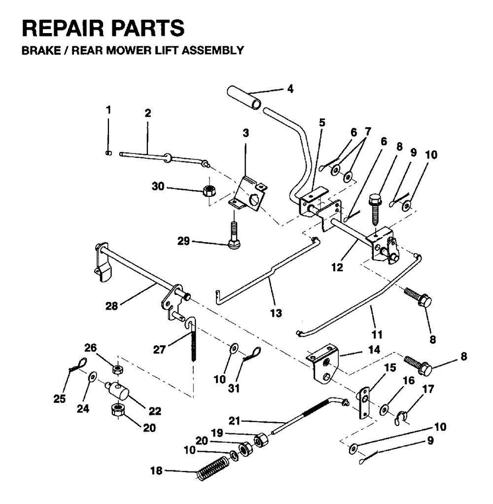 Brake / Rear Mower Lift Diagram and Parts List for LR12 1995-01 Jonsered Lawn Tractor