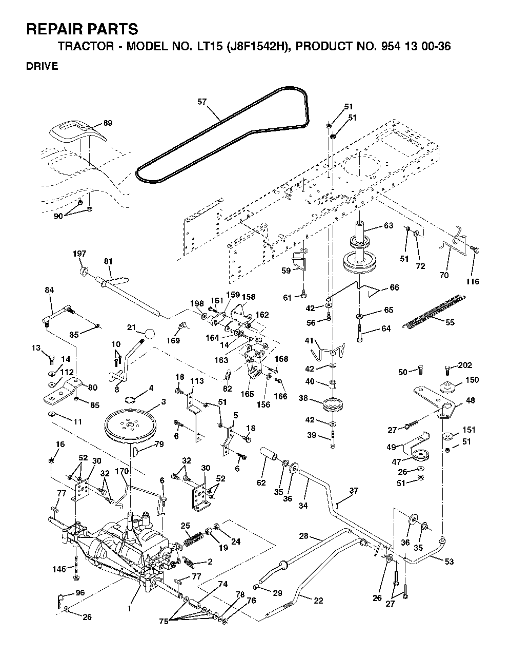 Drive Diagram and Parts List for LT15 (954130036-H)(2001-01) Jonsered Lawn Tractor