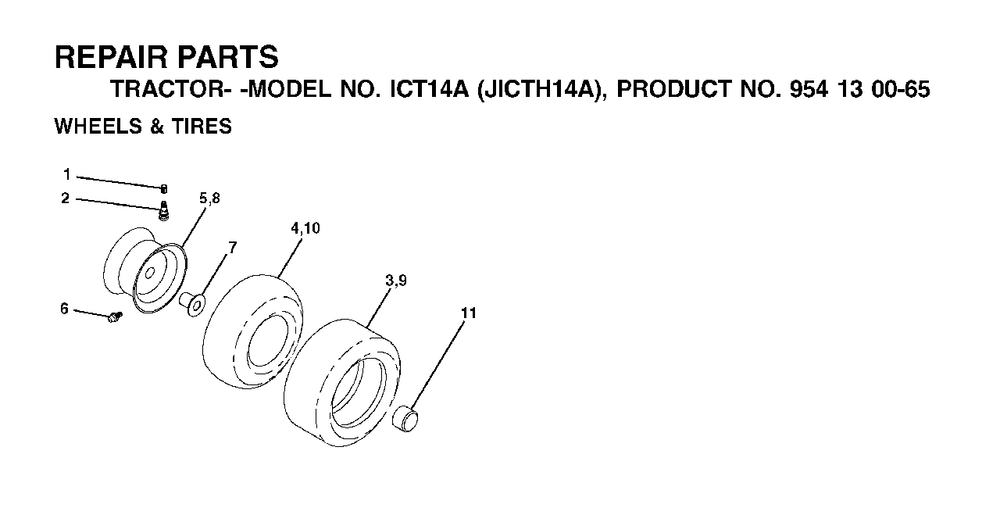Wheels Tires Diagram and Parts List for ICT14A (954130065-A)(2002-02) Jonsered Lawn Tractor