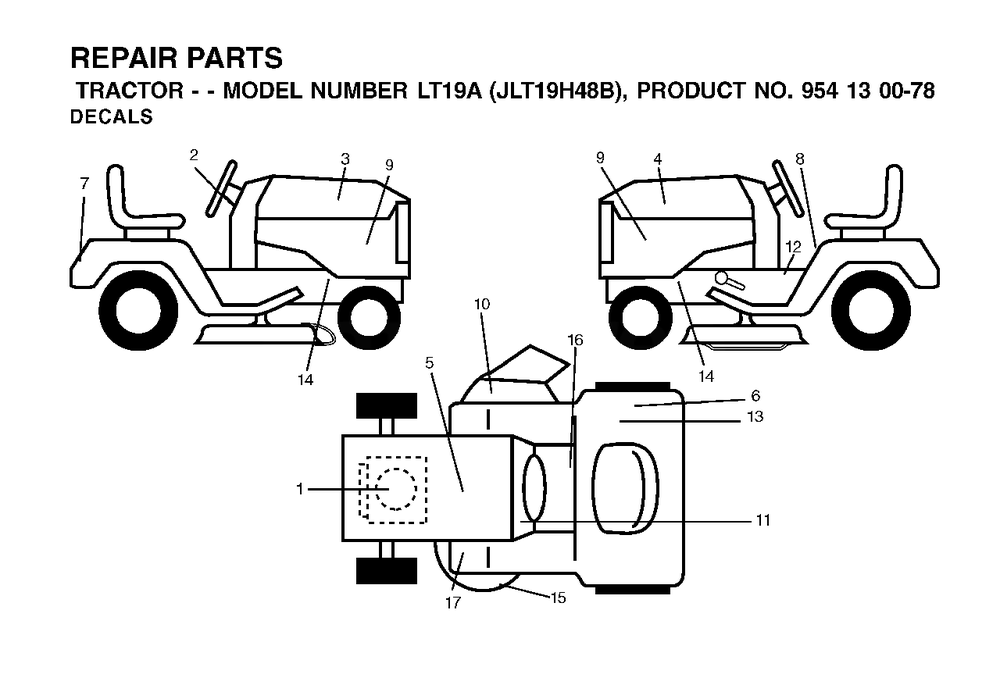 Decals Diagram and Parts List for LT19A (954130078)(2002-03) Jonsered Lawn Tractor