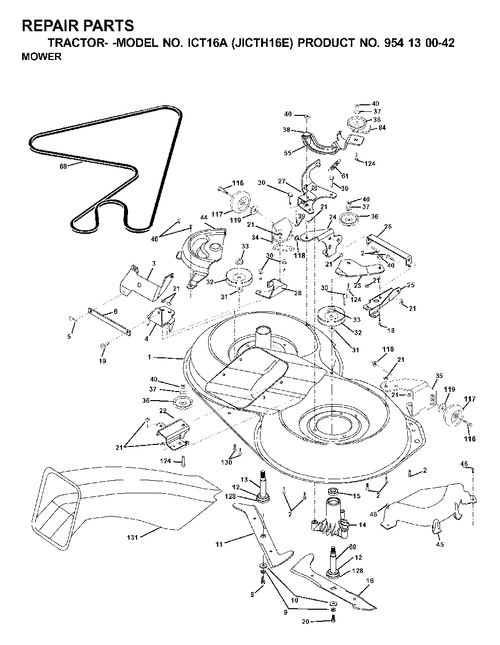 Mower Deck / Cutting Deck Diagram and Parts List for ICT16A (954130042-E)(2000-04) Jonsered Lawn Tractor