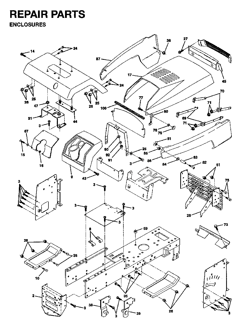 Chassis Enclosures Diagram and Parts List for YTH16 1995-01 Jonsered Lawn Tractor
