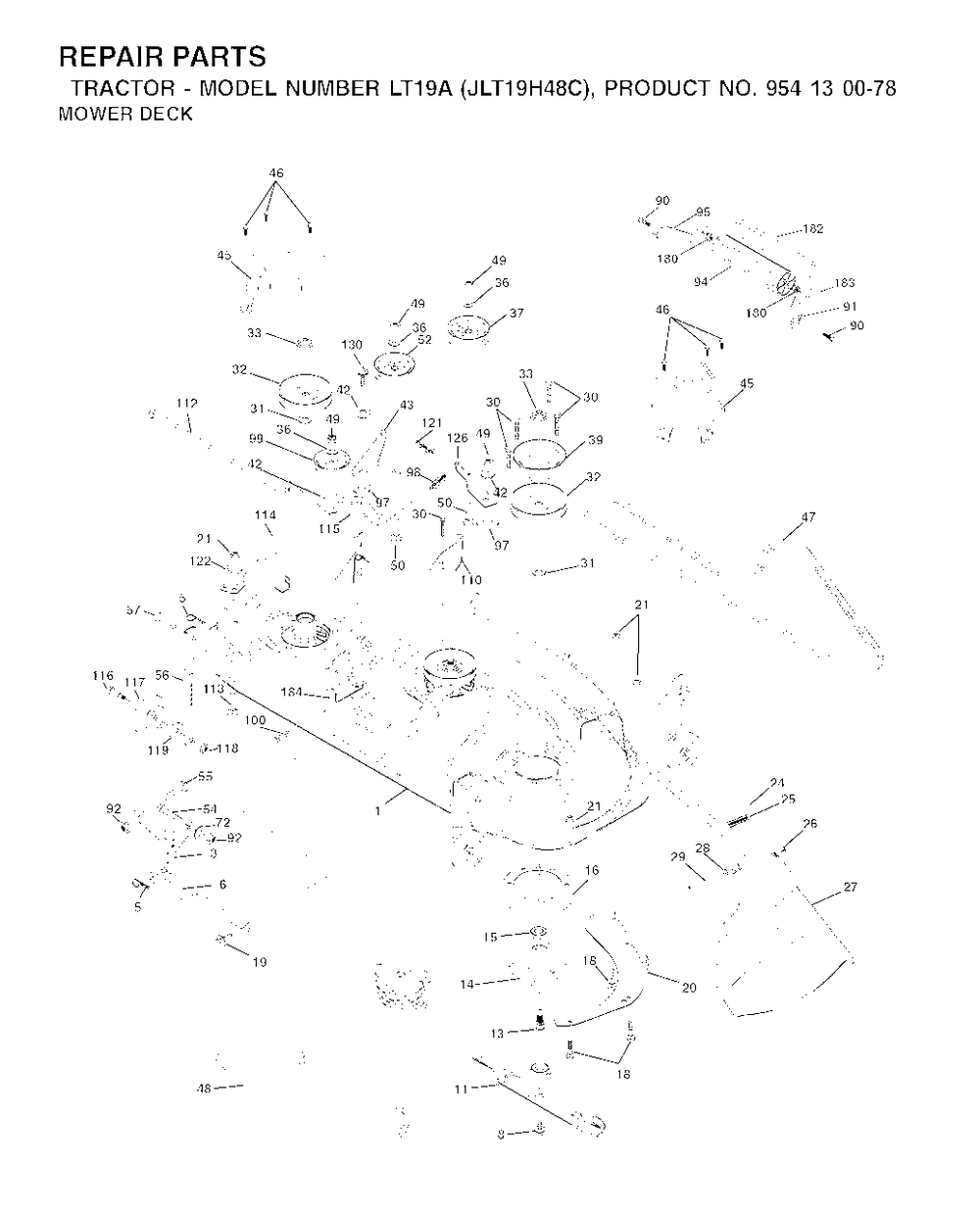 Mower Deck / Cutting Deck Diagram and Parts List for LT19A (954130078)(2002-09) Jonsered Lawn Tractor