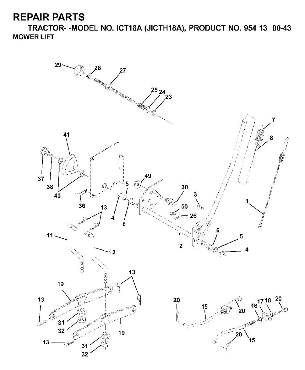 Mower Lift / Deck Lift Diagram and Parts List for ICT18A (954130043-A)(2000-03) Jonsered Lawn Tractor
