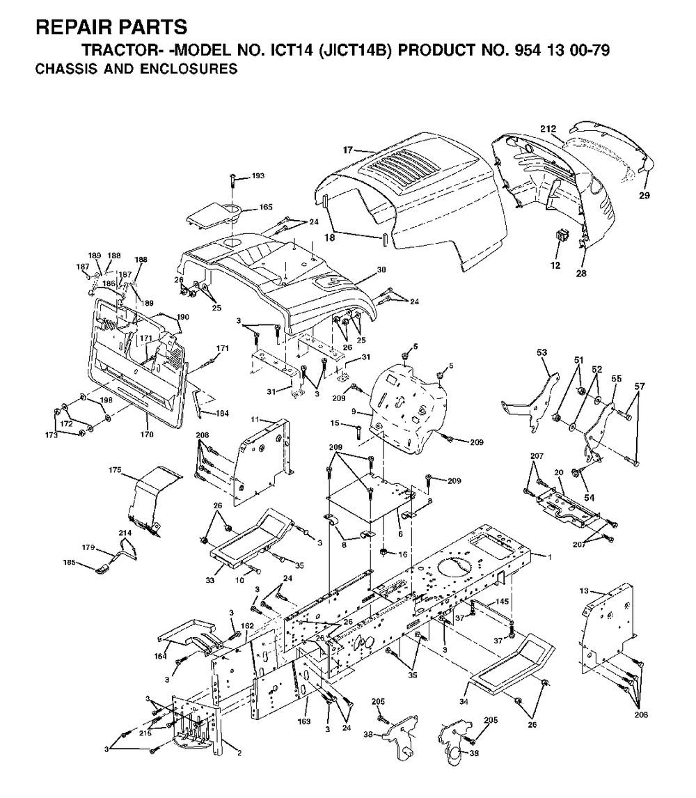 Chassis Enclosures Diagram and Parts List for ICT14 (954130079)(2002-02) Jonsered Lawn Tractor