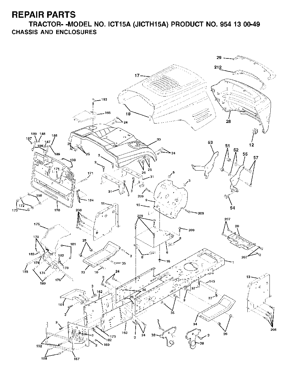 Chassis Enclosures Diagram and Parts List for ICT15A (954130049-A)(2001-02) Jonsered Lawn Tractor