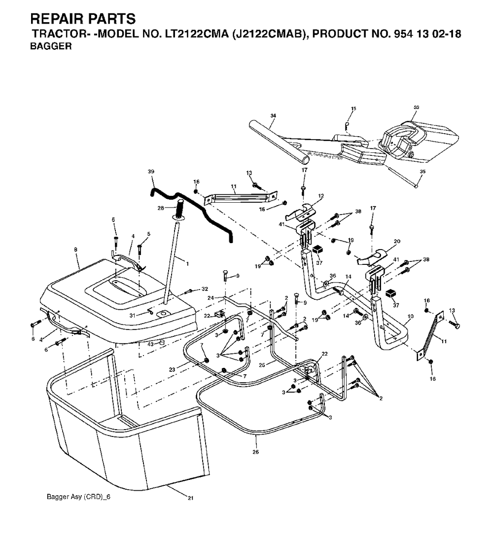 Bagger Diagram and Parts List for LT2122CMA (954130218)(2004-06) Jonsered Lawn Tractor