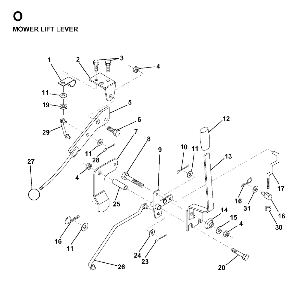 Mower Lift Lever Diagram and Parts List for LR11 1998-04 Jonsered Lawn Tractor