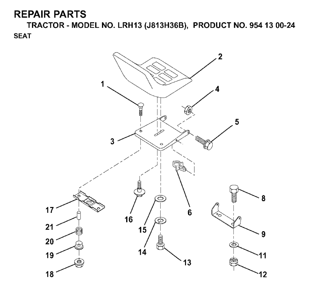 Seat Diagram and Parts List for LRH13 (954130024)(1998-12) Jonsered Lawn Tractor