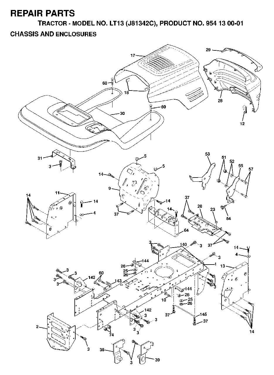 Chassis Enclosures Diagram and Parts List for LT13 (954130001)(1998-12) Jonsered Lawn Tractor