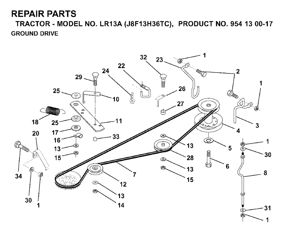 Drive Diagram and Parts List for LR13A (954130017)(2000-02) Jonsered Lawn Tractor