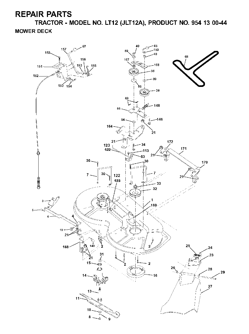 Mower Deck / Cutting Deck Diagram and Parts List for LT12 (954130044)(2001-01) Jonsered Lawn Tractor