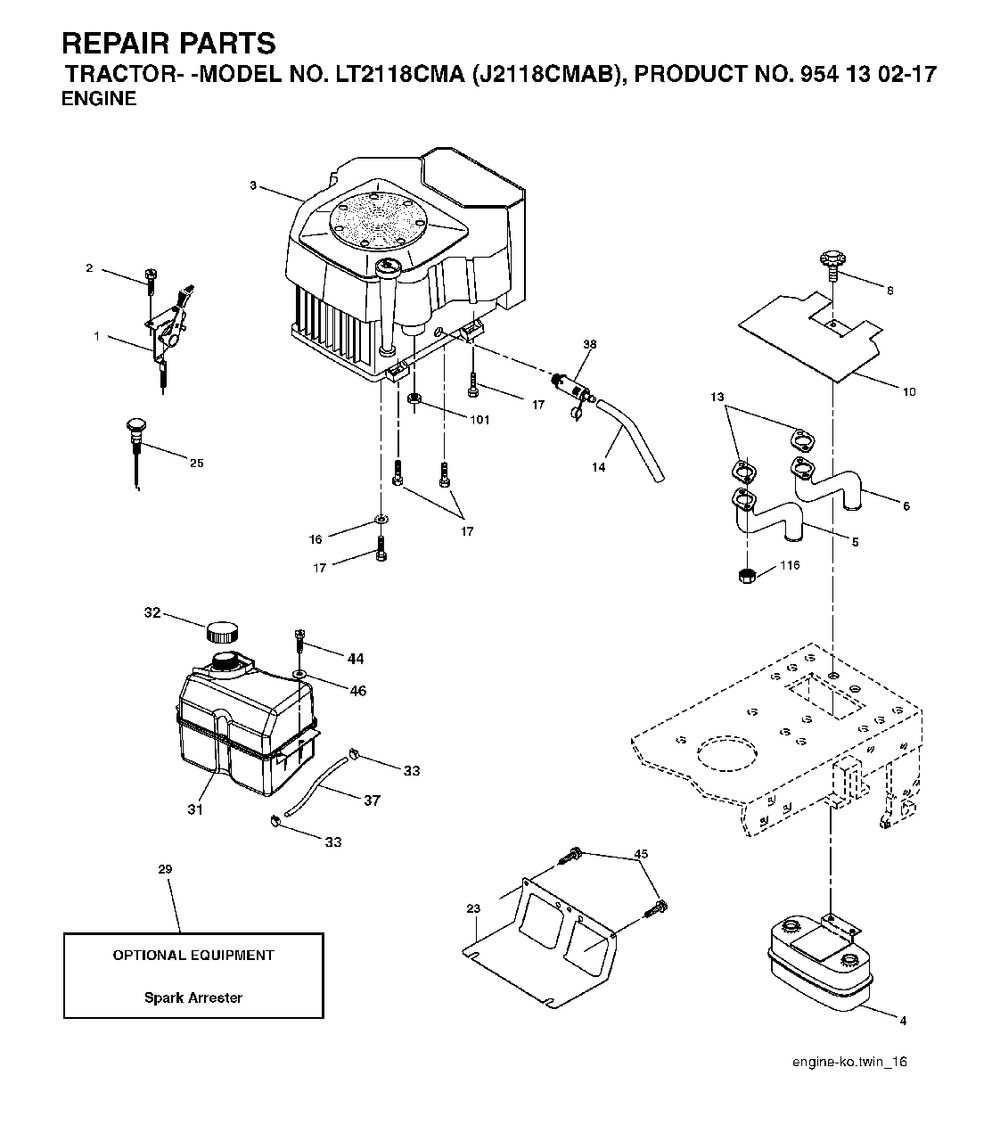 Engine Diagram and Parts List for LT2118CMA (954130217-B)(2004-06) Jonsered Lawn Tractor