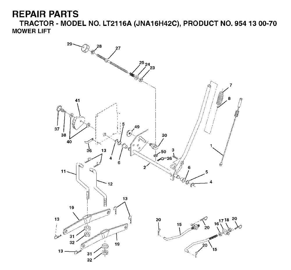 Mower Lift / Deck Lift Diagram and Parts List for LT2116A (954130070)(2003-05) Jonsered Lawn Tractor