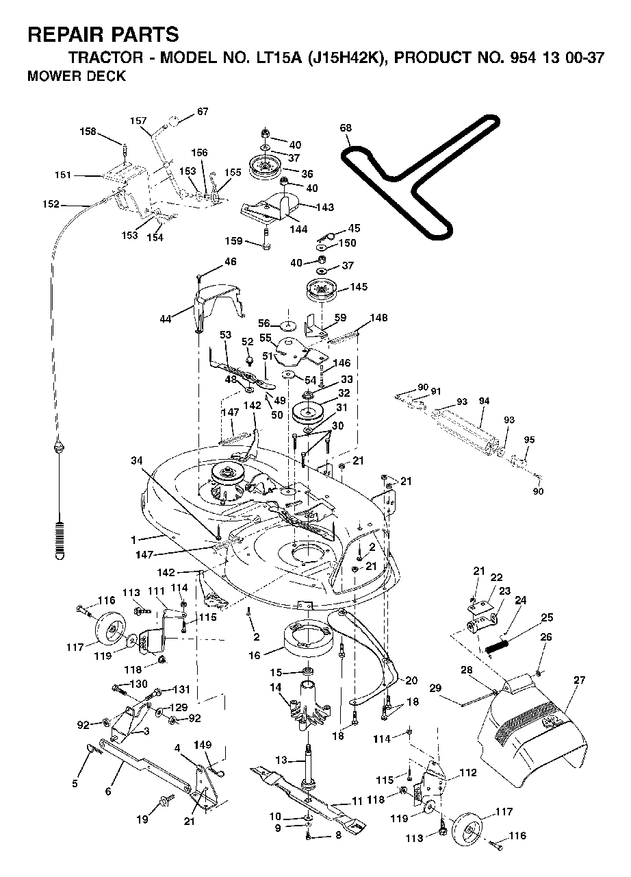 Mower Deck / Cutting Deck Diagram and Parts List for LT15A (954130037-K)(2001-09) Jonsered Lawn Tractor