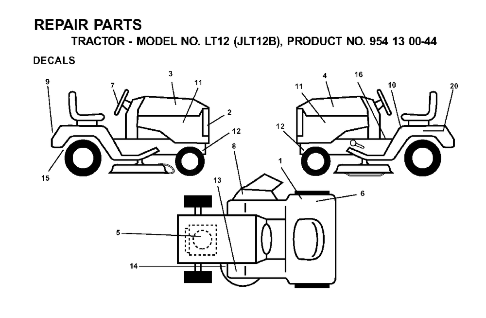 Decals Diagram and Parts List for LT12 (954130044)(2001-02) Jonsered Lawn Tractor