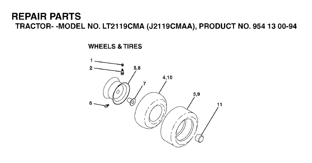 Wheels Tires Diagram and Parts List for LT2119CMA (954130094)(2003-01) Jonsered Lawn Tractor