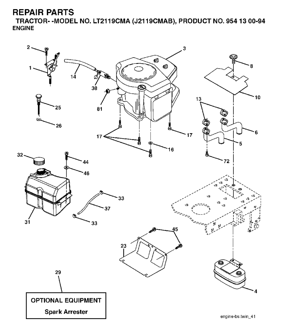 Engine Diagram and Parts List for LT2119CMA (954130094)(2003-05) Jonsered Lawn Tractor