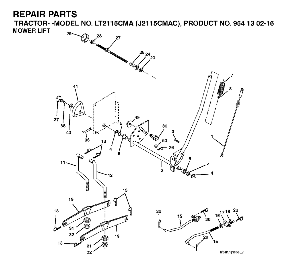 Mower Lift / Deck Lift Diagram and Parts List for LT2115CMA (954130216)(2004-06) Jonsered Lawn Tractor