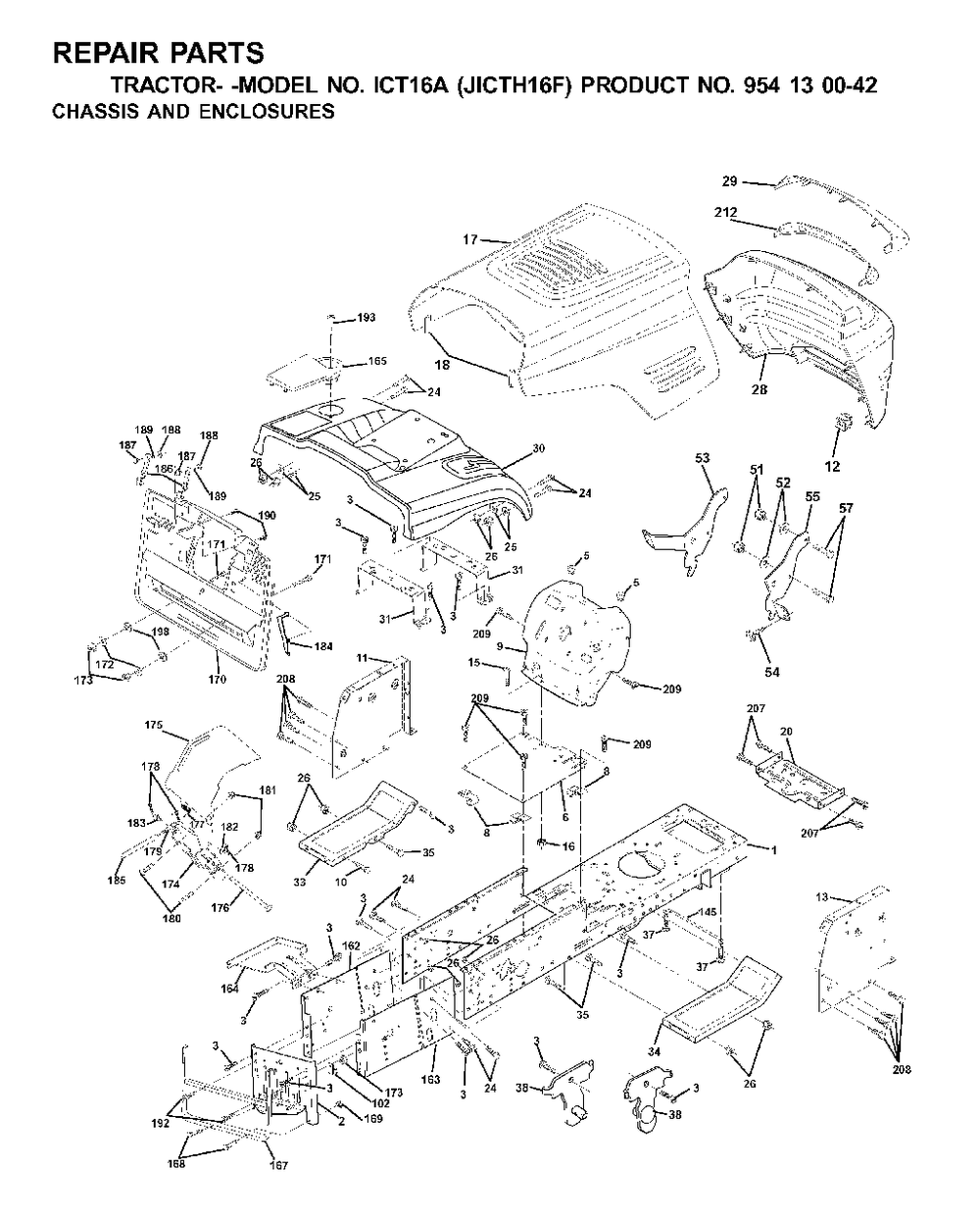 Chassis Enclosures Diagram and Parts List for ICT16A (954130042-F)(2001-02) Jonsered Lawn Tractor