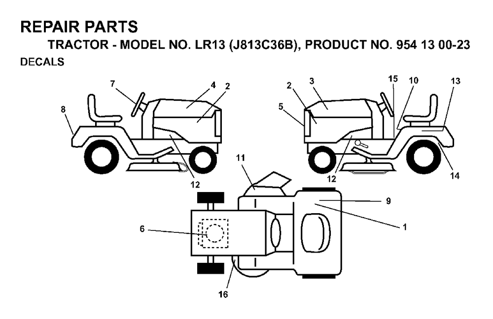 Decals Diagram and Parts List for LR13 (954130023)(1998-12) Jonsered Lawn Tractor