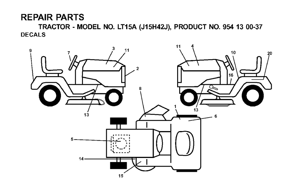 Decals Diagram and Parts List for LT15A (954130037-J)(2001-01) Jonsered Lawn Tractor