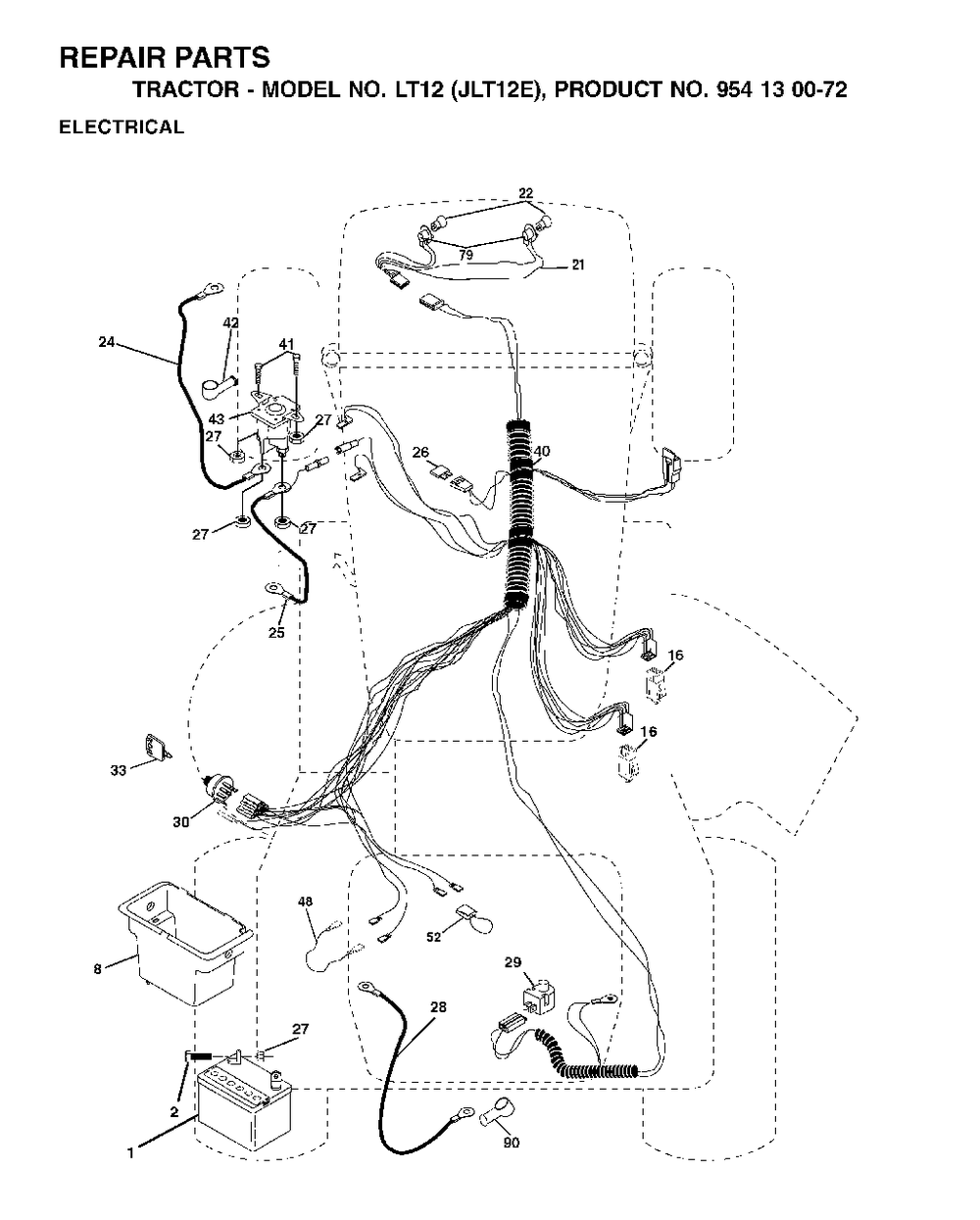 Electrical Diagram and Parts List for LT12 (954130072)(2002-06) Jonsered Lawn Tractor