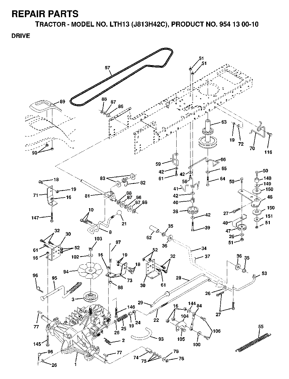 Drive Diagram and Parts List for LTH13 (954130010)(1998-12) Jonsered Lawn Tractor