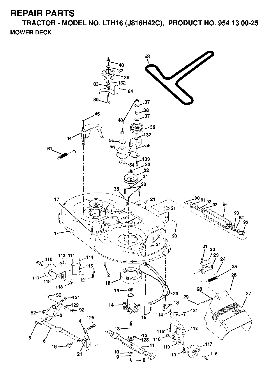 Mower Deck / Cutting Deck Diagram and Parts List for LTH16 (954130025)(1998-12) Jonsered Lawn Tractor