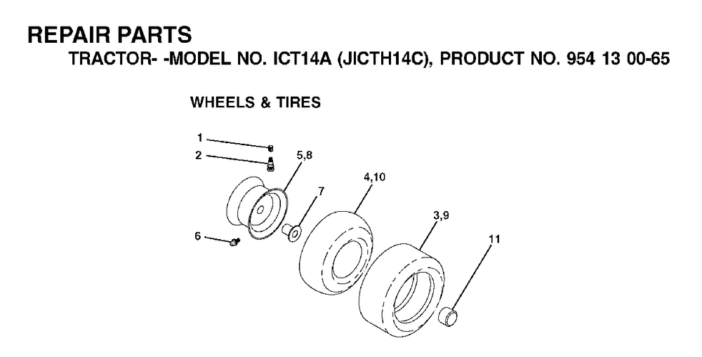 Wheels Tires Diagram and Parts List for ICT14A (954130065)(2002-03) Jonsered Lawn Tractor