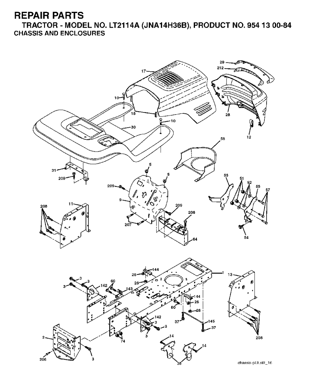 Chassis Enclosures Diagram and Parts List for LT2114A (954130084)(2003-05) Jonsered Lawn Tractor
