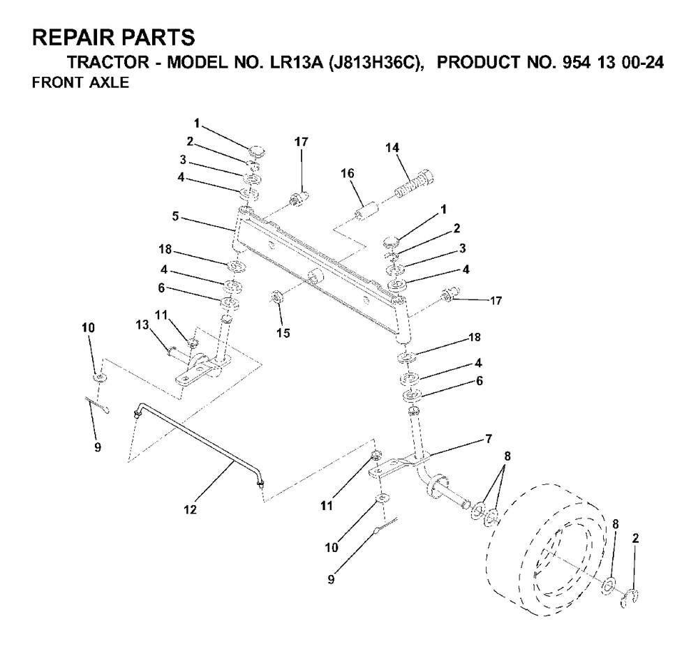 Front Axel Diagram and Parts List for LR13A (954130024)(2000-03) Jonsered Lawn Tractor