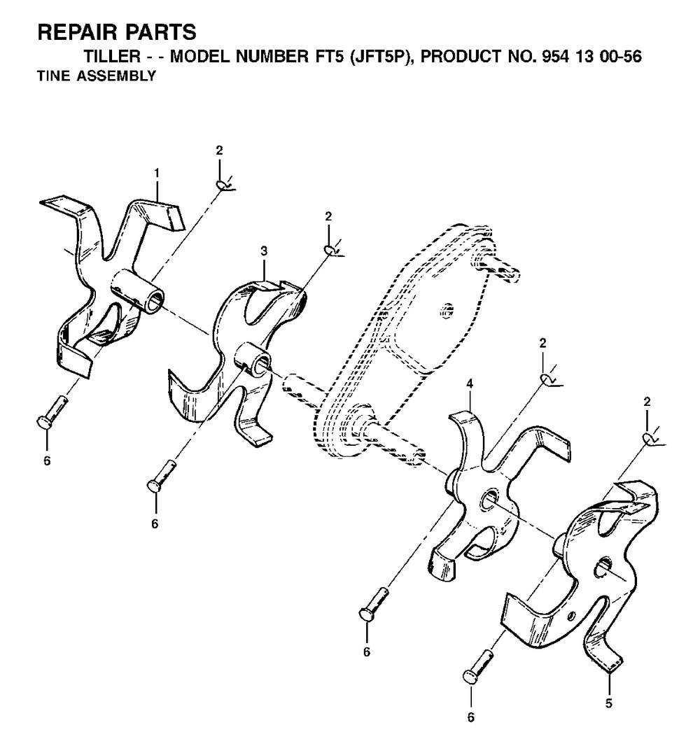 Tine Assembly Diagram and Parts List for FT5 2002-02 Jonsered Tiller