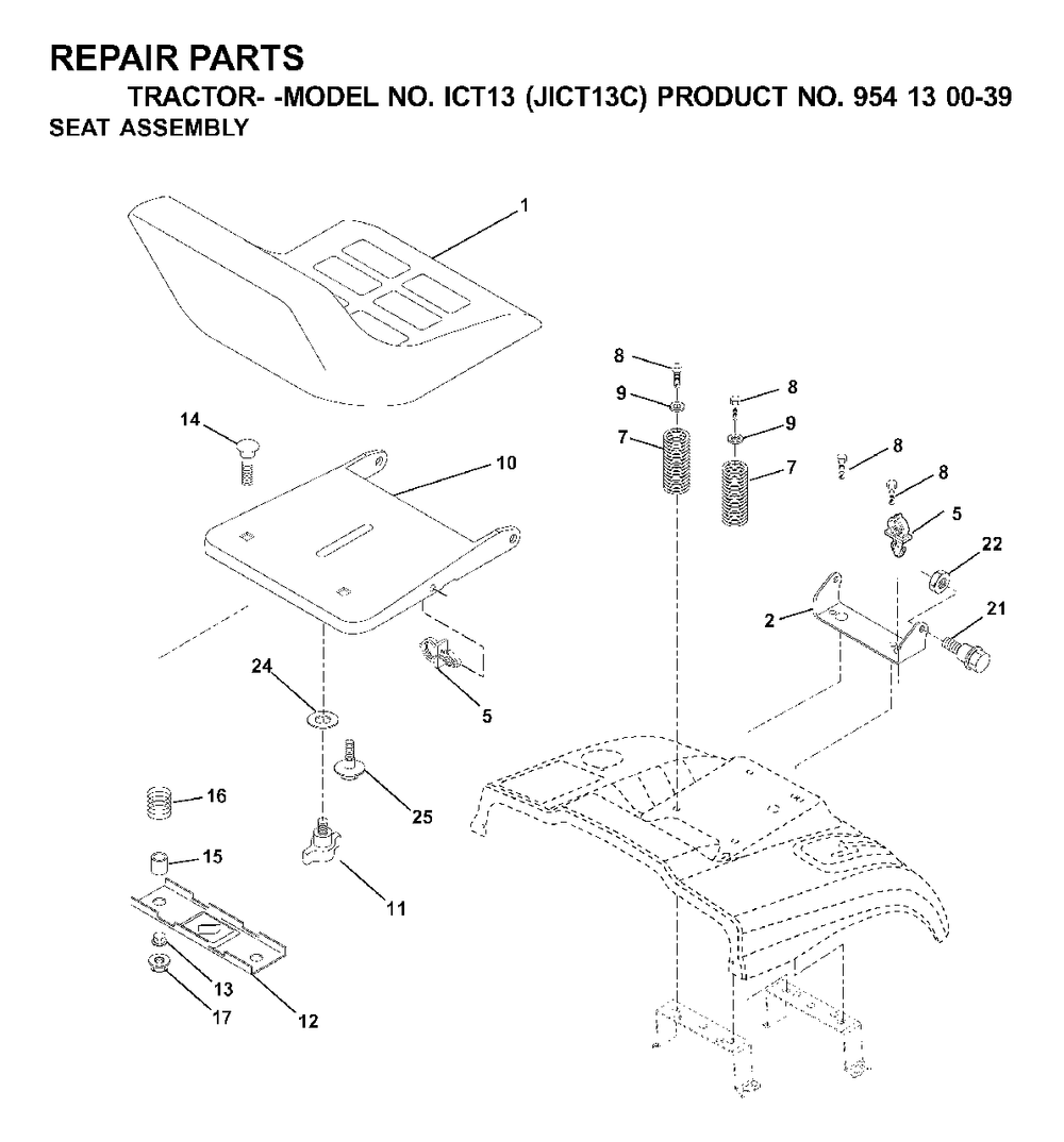 Seat Diagram and Parts List for ICT13 (954130039)(2000-04) Jonsered Lawn Tractor