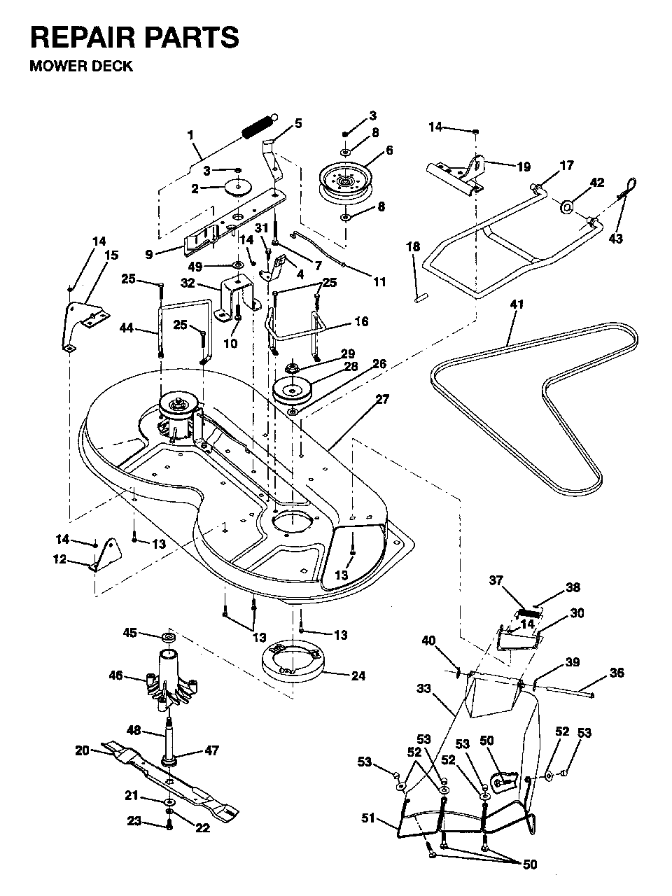 Mower Deck / Cutting Deck Diagram and Parts List for LR10 1995-01 Jonsered Lawn Tractor