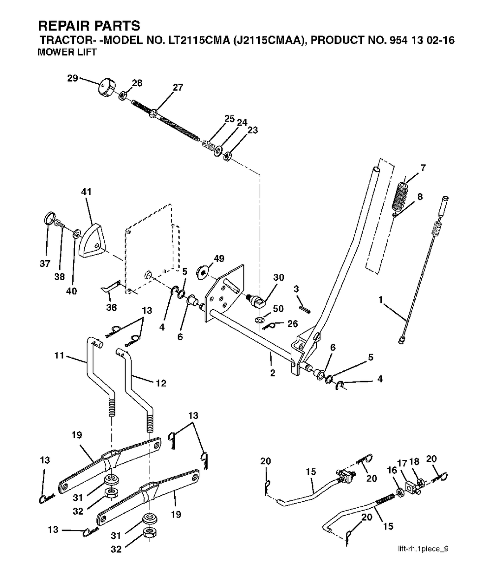Mower Lift / Deck Lift Diagram and Parts List for LT2115CMA (954130216)(2004-01) Jonsered Lawn Tractor