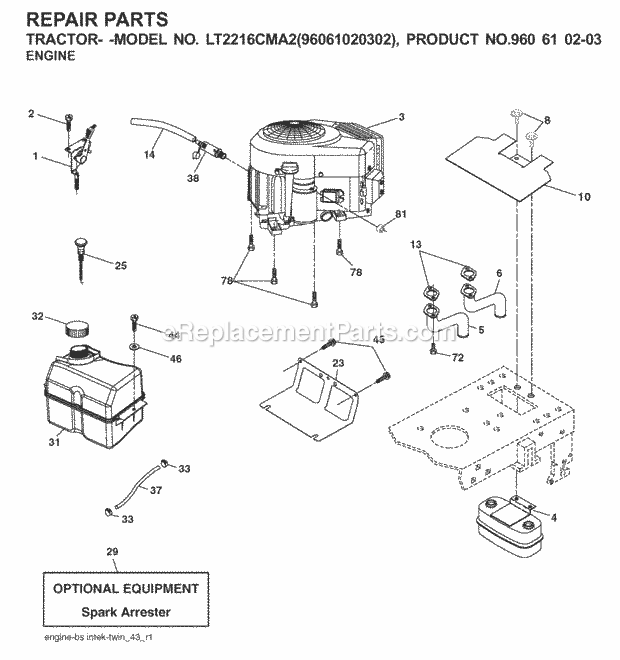 Engine Diagram and Parts List for LT2216CMA2 (960610203-96061020302)(2008-01) Jonsered Lawn Tractor
