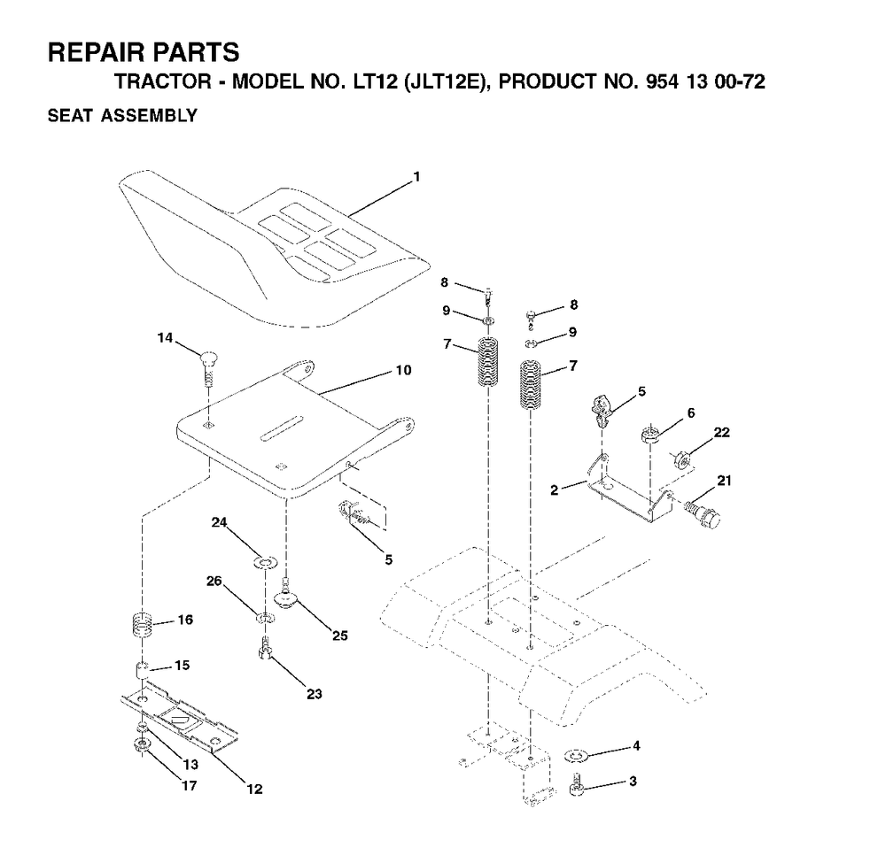 Seat Diagram and Parts List for LT12 (954130072)(2002-06) Jonsered Lawn Tractor