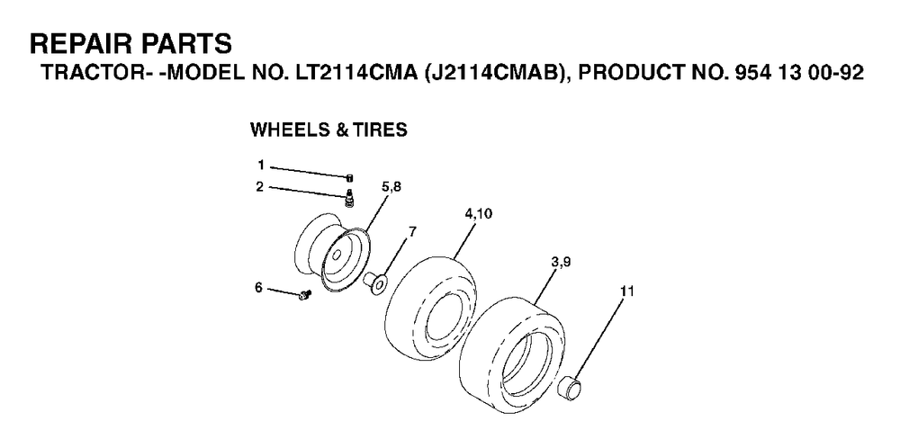 Wheels Tires Diagram and Parts List for LT2114CMA (954130092-B)(2003-01) Jonsered Lawn Tractor