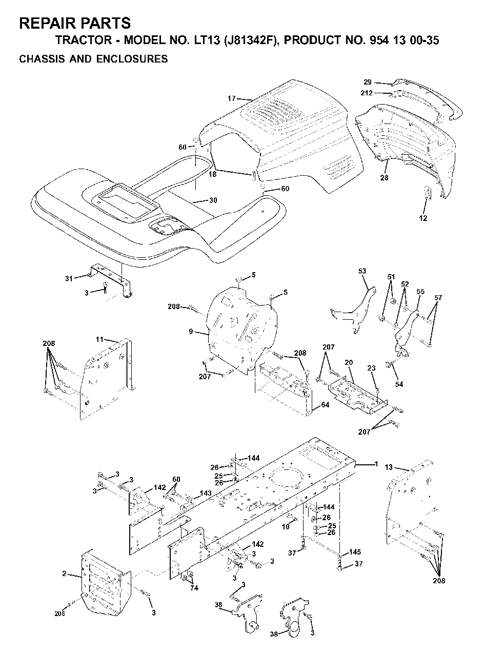Chassis Enclosures Diagram and Parts List for LT13 (954130035)(2000-04) Jonsered Lawn Tractor