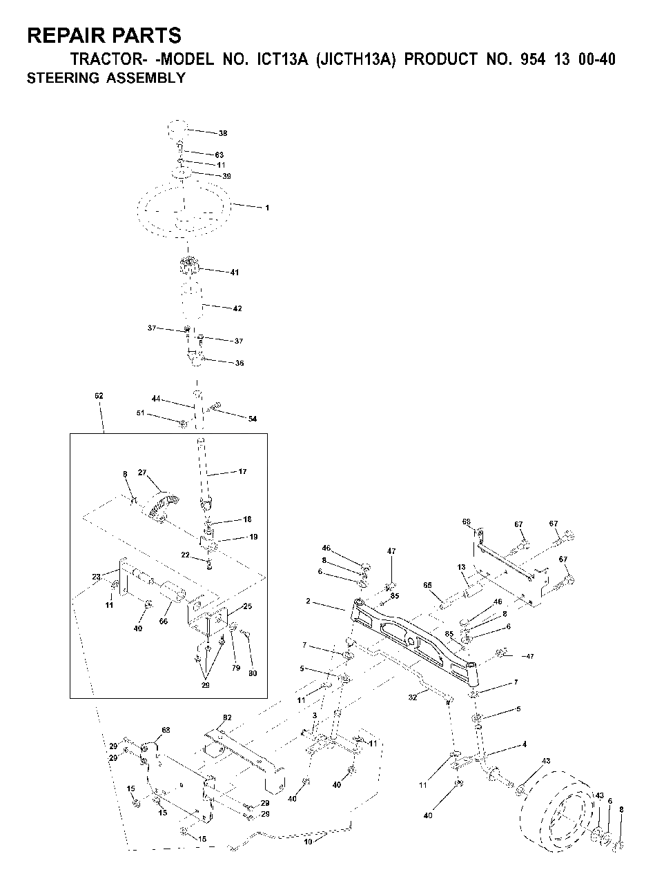 Steering Diagram and Parts List for ICT13A (954130040)(2000-02) Jonsered Lawn Tractor