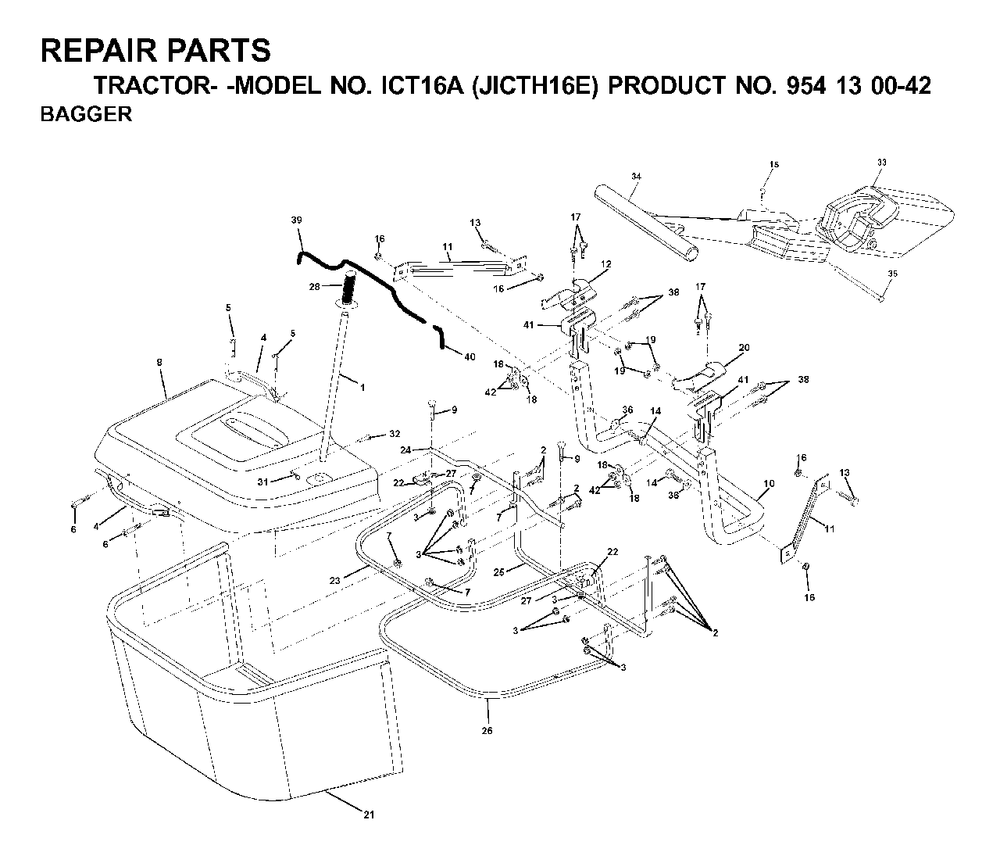 Bagger Diagram and Parts List for ICT16A (954130042-E)(2000-04) Jonsered Lawn Tractor