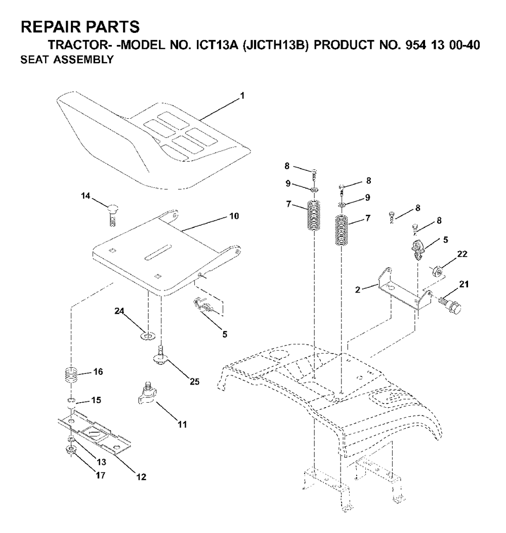 Seat Diagram and Parts List for ICT13A (954130040)(2000-04) Jonsered Lawn Tractor