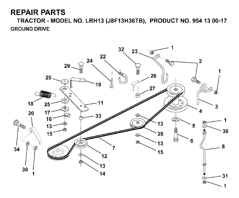 Drive Diagram and Parts List for LRH13 (954130017)(1998-12) Jonsered Lawn Tractor