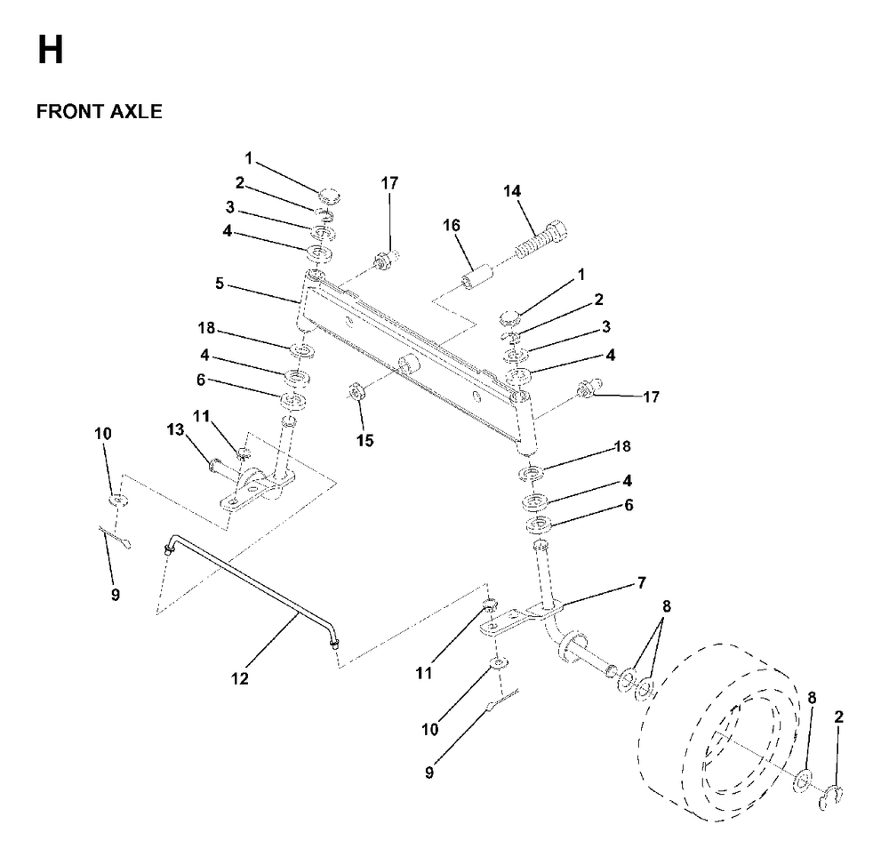Front Axel Diagram and Parts List for LR11 1998-01 Jonsered Lawn Tractor